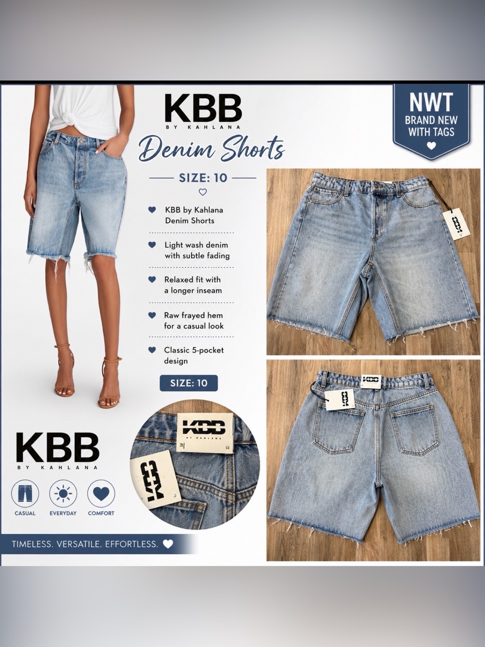 NWT KBB by Kahlana Denim Bermuda Shorts Size 10 Light Wash